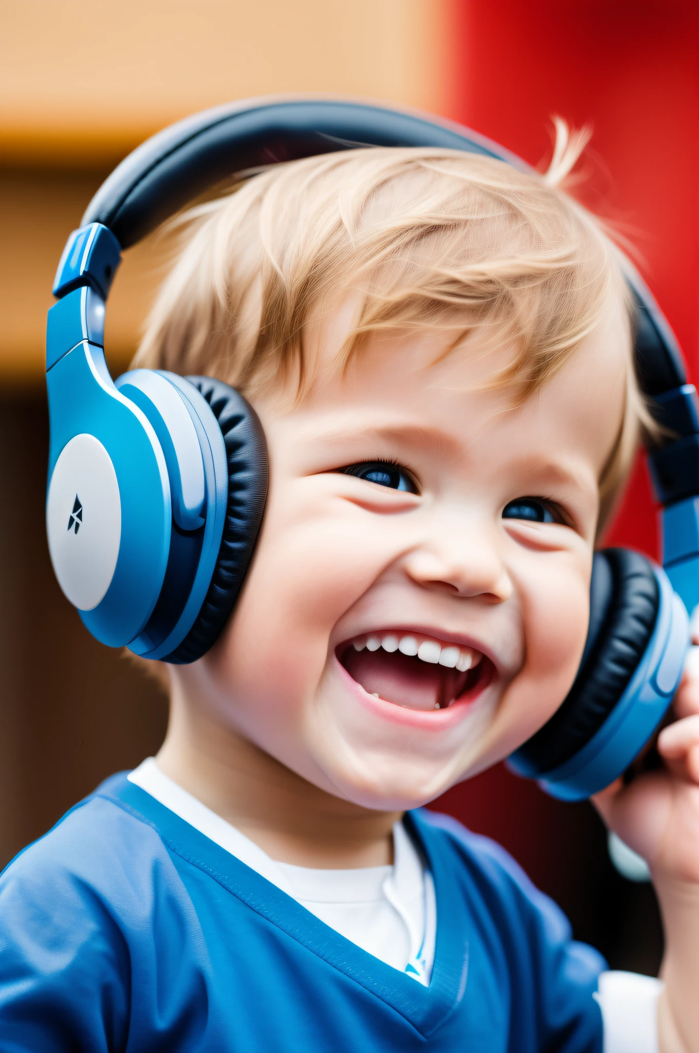 Foreigners wearing headphones　Male 　study　　Laughing　cute little　bule　　a blond