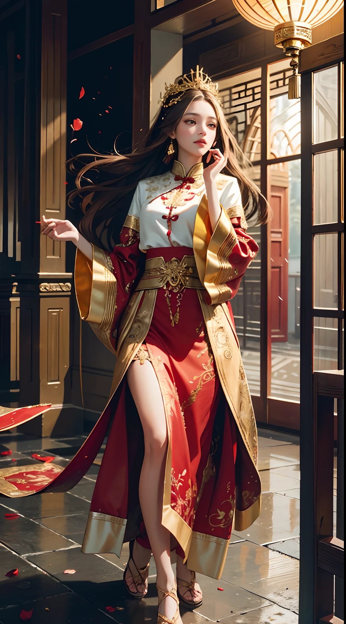 best quality, masterpiece, highres, (exquisite body:1.5),gorgeous face,(milky skin:1.3),intricate details,high resolution,wallpaper,
1girl, solo, dress, hair ornament, (((gold and red dress))), flowers, long hair, brown hair, closed mouth, jewelry, long sleeves, hand up, wide sleeves, big eyes,floating hair, chinese clothes, hanfu, embroidery, long skirt, natural pose, falling petals, indoor,fanning, lantern,
16K,HDR,highres,depth field,(film grain:1.1),boken,golden hour,(lens flare),vignette,rainbowing,(color grading:1.5)