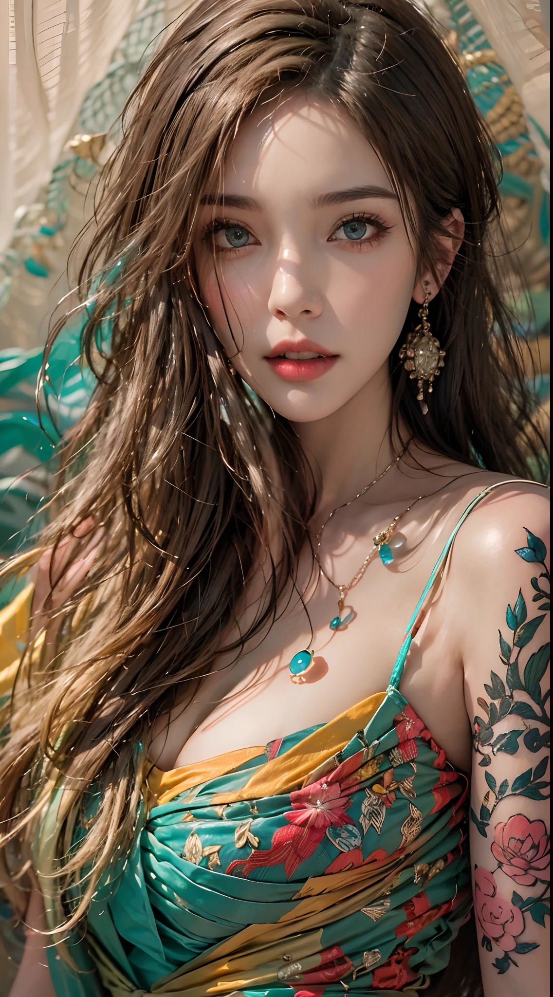 Photorealistic, high resolution, 1 woman, Hips up, Beautiful eyes, Long hair, ringed eyes, jewelry, tattoo, colorful dress