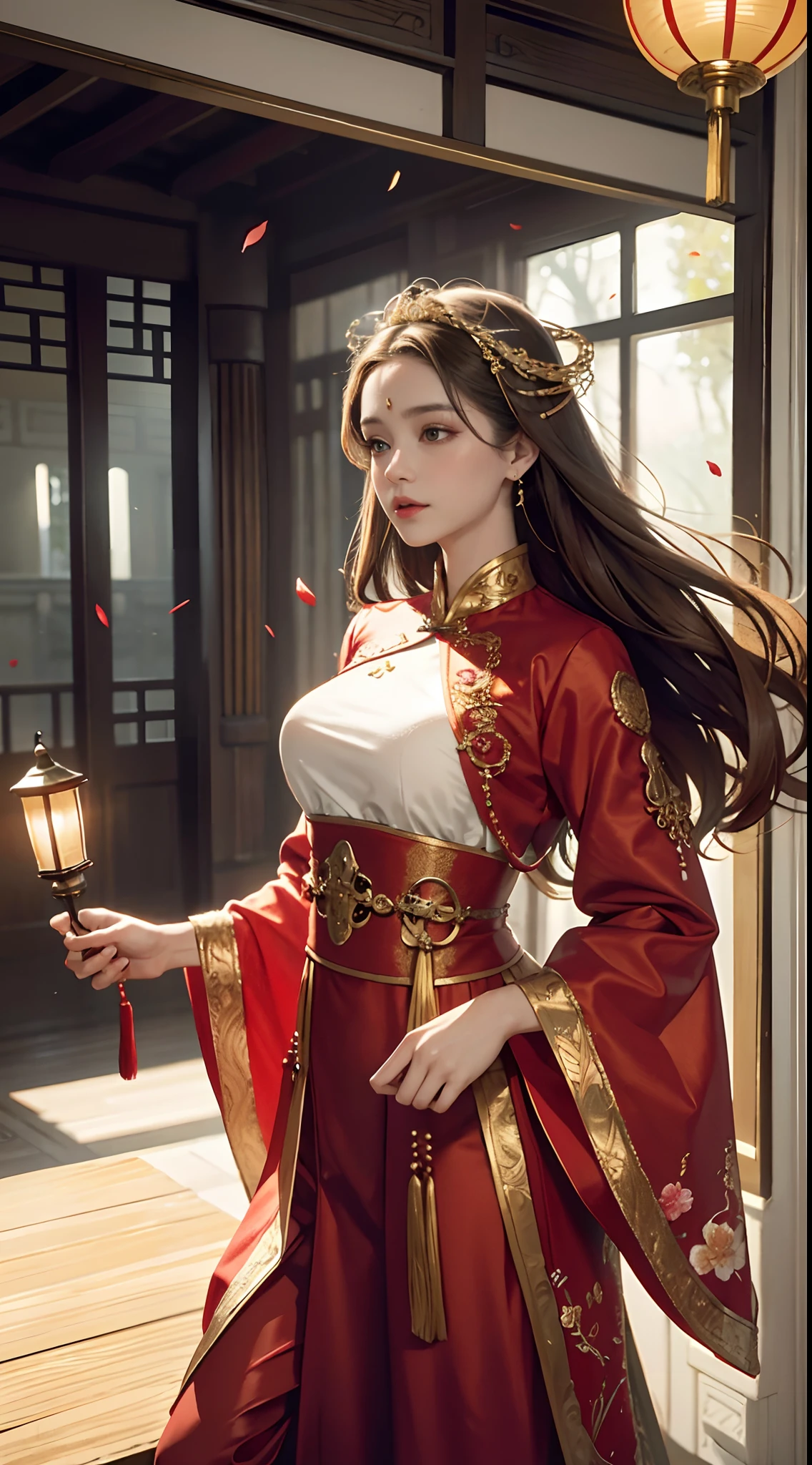 best quality, masterpiece, highres, (exquisite body:1.5),gorgeous face,(milky skin:1.3),intricate details,high resolution,wallpaper,
1girl, solo, dress, hair ornament, (((gold and red dress))), flowers, long hair, brown hair, closed mouth, jewelry, long sleeves, hand up, wide sleeves, big eyes,floating hair, chinese clothes, hanfu, embroidery, long skirt, natural pose, falling petals, indoor,fanning, lantern,
16K,HDR,highres,depth field,(film grain:1.1),boken,golden hour,(lens flare),vignette,rainbowing,(color grading:1.5)