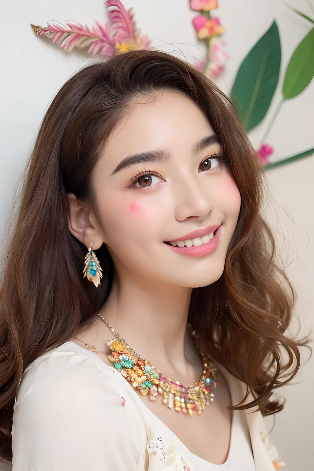 (extra detailed body、extra detailed face、best qualtiy:1.2)、femele、looking at the viewers、(brown curly hair、a smile、Flashy floral hair ornament、Earrings of bird feathers up to the shoulders、a necklace、hippy、)、(Cream wall on background:1.4)