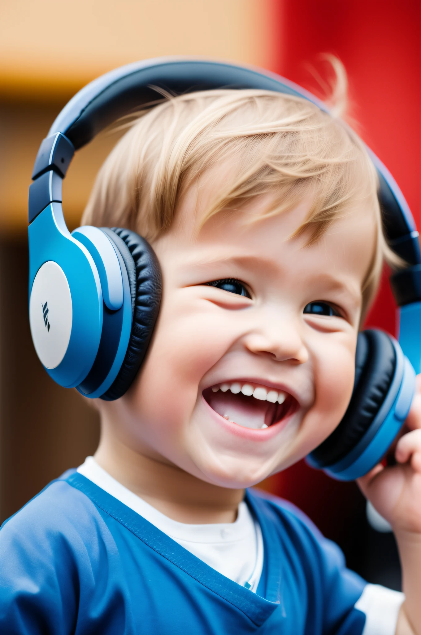 Foreigners wearing headphones　Male 　study　　Laughing　cute little　bule　　a blond