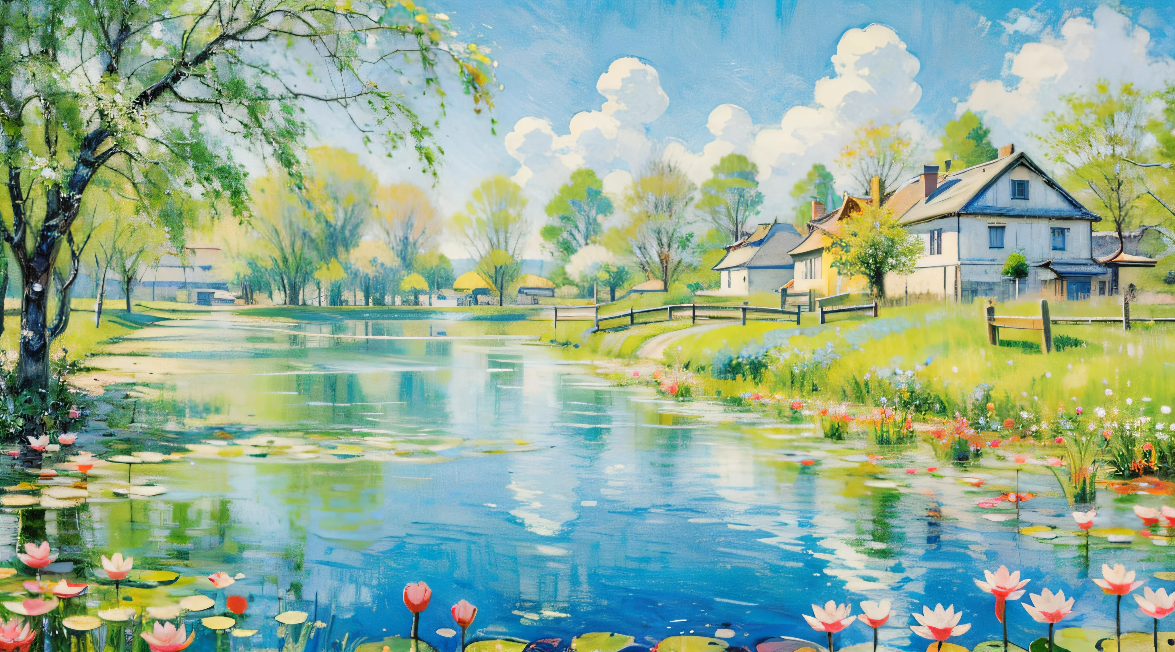 Lots of little yellow ducks, ponds, Monet's garden, lotus leaves, reeds, summer, breeze, coolness, water, bridges, water plants, small fish