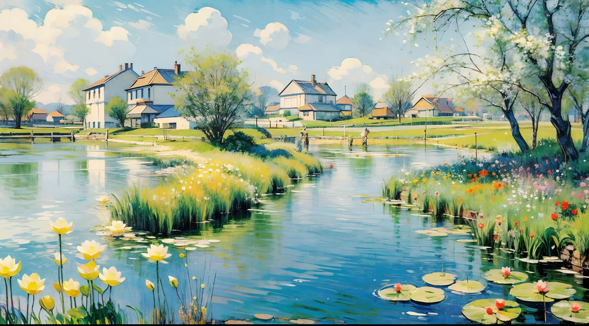 Lots of little yellow ducks, ponds, Monet's garden, lotus leaves, reeds, summer, breeze, coolness, water, bridges, water plants, small fish