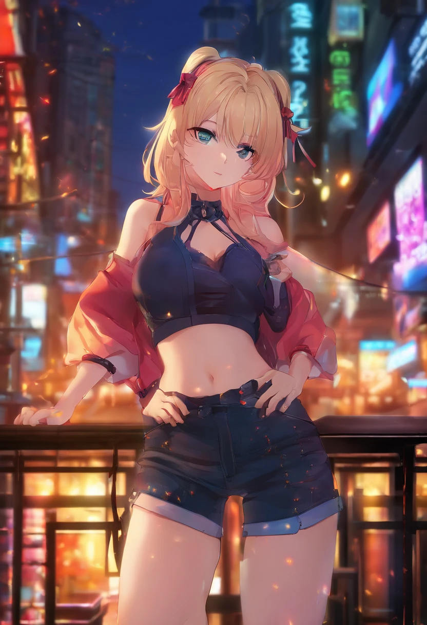 ultra-quality, High resolution,(Masterpiece 1.3),Best Quality++, Ultra-detailed+, Dynamic Angle,Beautiful girl lips, slim, 28 years old,slender, Big breasts, pale blond hair, Short hair, Ears hanging in the hair, Blowing in the wind, strong breeze,beautiful light green eyes, Beautiful eyes++, sparkling effect,hime_cut,sparkling effect,,Beautiful breasts, gal make, coffee shop,large earring,Necklaces, the ring, (Black Lolita Fashion),Place your knees on your knees,denim short pants,Orange Camisole,Night Shop, brothel,Night,hand between legs,wariza,cute expression,Open the chest,pub,a bar counter