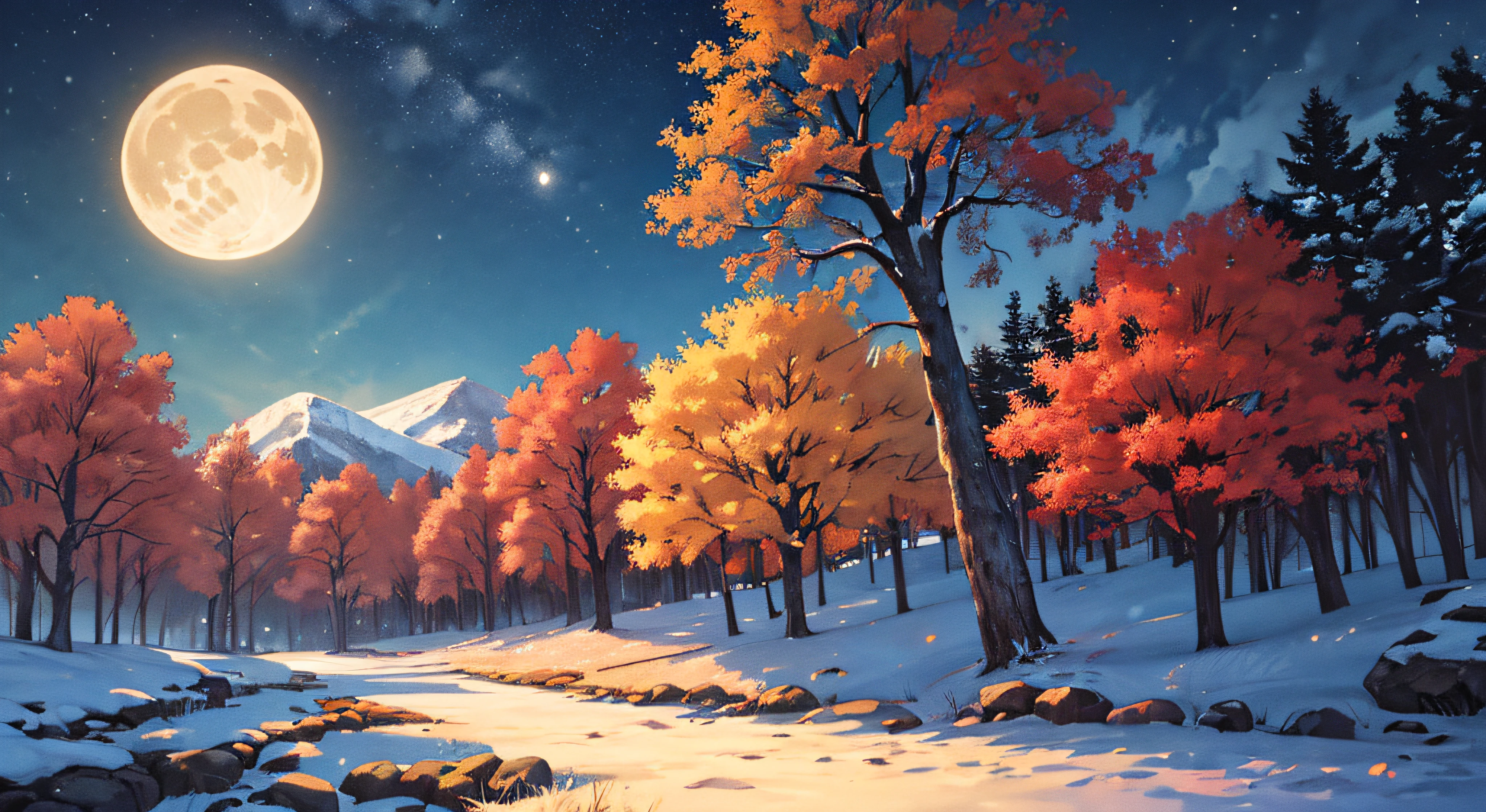 ((Masterpiece:1.4,Best quality)),  Cloud,   Outdoors,  forest
(Snowy mountains), Autumn clearing
, scenery,  sky,
(Night:1.4),  Night skies,  Moon,  Moonlight,  High detail, abundant, 8K, Green,tree, High detail,   the wallpaper,