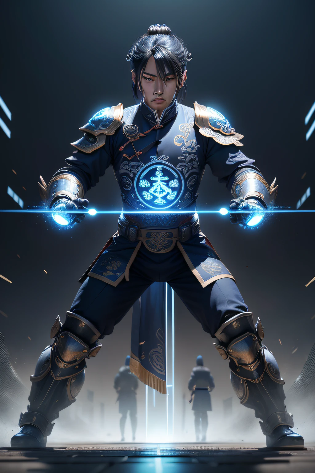 Taoist eyes are resolute，It's all mechanical armor，Blue is predominant，The large traditional Chinese Tai Chi logo is on the clothes，Strong combat effectiveness，Background Tiangong，High quality, Skin texture, Intricate details, (Cinematic lighting), photo RAW, 8K