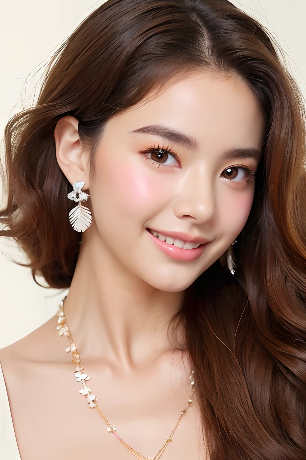 (extra detailed body、extra detailed face、best qualtiy:1.2)、femele、looking at the viewers、(brown curly hair、a smile、Flashy floral hair ornament、Earrings of bird feathers up to the shoulders、a necklace、hippy、15yo student)、(Cream wall on background:1.4)