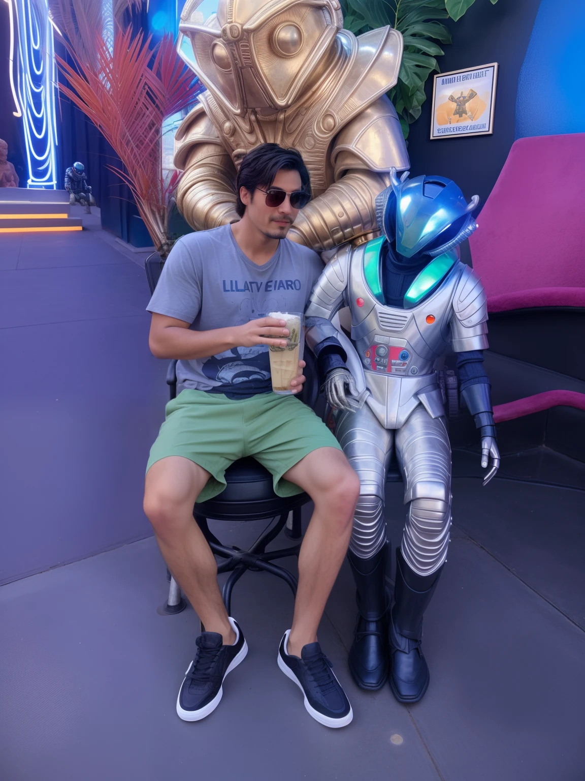 there is a man sitting on a chair next to a statue of a man, an alien drinking horchata, friendly guy and small creature, next to some alien plants, aliens in the background, eating alien food, alien man with alien woman, with a kid, nostalgia guy and small creature, guyver style, with a giant robot owl, caring alien life form
