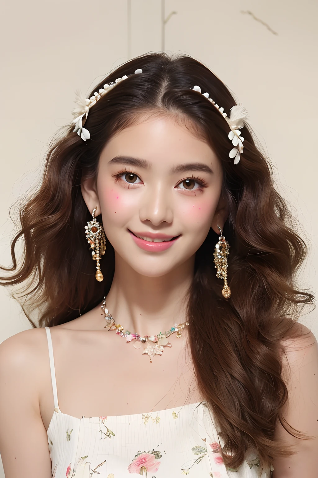 (extra detailed body、extra detailed face、best qualtiy:1.2)、femele、looking at the viewers、(brown curly hair、a smile、Flashy floral hair ornament、Earrings of bird feathers up to the shoulders、a necklace、hippy、)、(Cream wall on background:1.4)