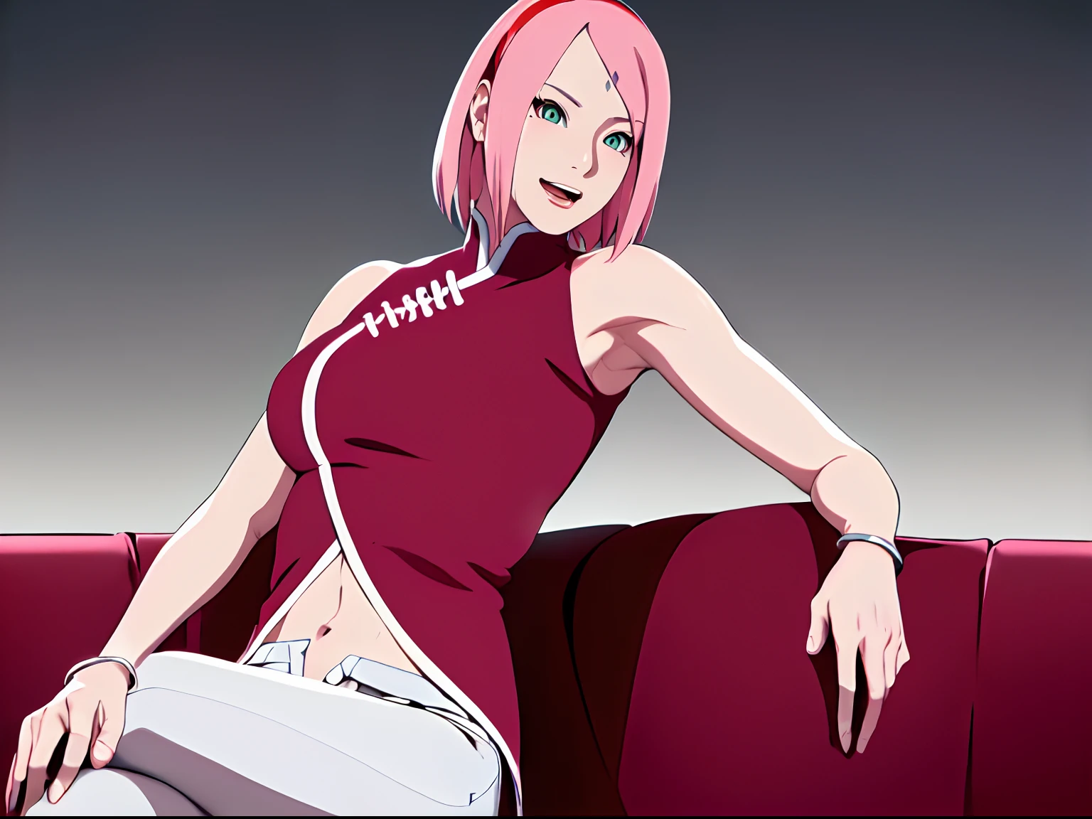 masterpiece, 4k, portrait, cowboy shot, (night, moon background), professional artwork, intricate details, colorful, digital blending, (ultra detailed body, ultra detail hair, ultra detail face), trending on pixiv, kind smile, best quality, anime style: 1.9, 1girl, hires, haruno sakura, (forehead mark, milf, red hairband, pale skin, (small breasts), short hair, ((red sleeveless dress,), white pants), ((navel, belly button), slender body, slender belly, bracelet, pink hair, (open mouth), big eyes), smile, beach, wind, floating hair, detailed arms, off-shoulders, broad shoulders, (little muscular arms, little strong biceps), fancy couch, relaxing, (armpit leaning against couch, laying, talking, looking at the viewer, (talking , milf, 30 years old woman, hand supporting head))