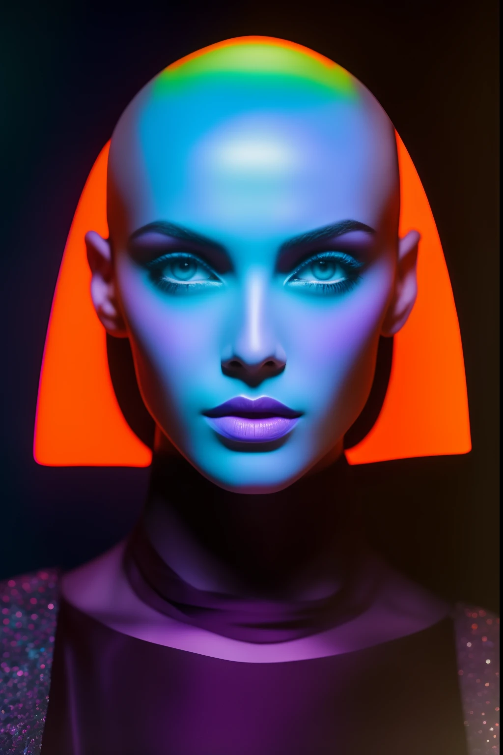 35mm, Neon, analog photo, dinamic lighting, chiaroscuro, hyper realisitc, luminism, HD, very detail. Colorful gradients. Gradient glow. Orange-violet-green lights. A woman's skin is multicolored in a beautiful glow. Gradients on the face. Gradient lights on the skin. easy flowering,,. Black background. haze. Unearthly beauty. Unearthly beautiful bald woman in a bodysuit with a tiger skin pattern. Very small black coat. bald. Bald woman. pale blue skin. long neck. Slim hose. Wide-set eyes. Half-turn. darkness. mood. haze. Model. Avant-garde make-up. tilt of head. eye to eye contact. blue eyes. Beautiful glow. Very small black coat. Slim. Lots of places. Very detailed face. (high skin detail:1.2). Film grain. an album cover. magazine cover.