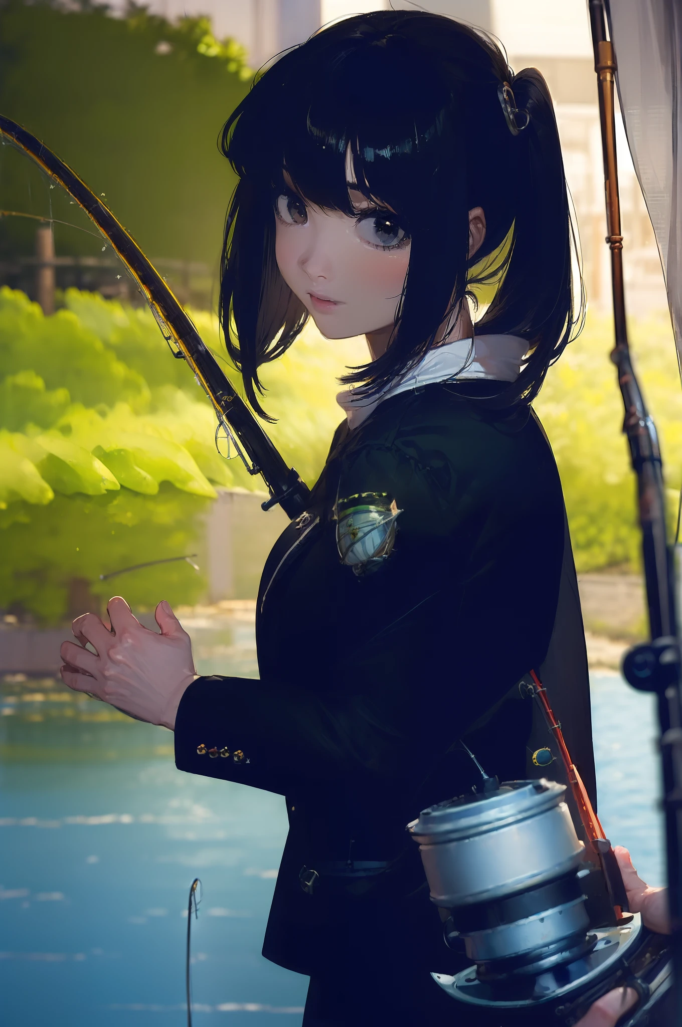 ((((Have fishing rod with a reel:1.5)))),((Female 28 years old)),((Best Quality:1.5)),(((Hands with the correct number and structure of fingers:1.4))),((lakeside:1.37)),hight resolution,ultra-detailliert,masterpiece,best qualtiy,(Eight-headed body),Black hair, long eyeslashes, Solid Circle Eyes, drop shadow, Atmospheric perspective,Super Detail, ccurate, small brest,(Black jacket and black jeans :1.1),top-quality, blurry backround, bokeh dof:1.2, (masterpiece:1.3), Atmospheric perspective,Super Detail,dynamic compositions,
