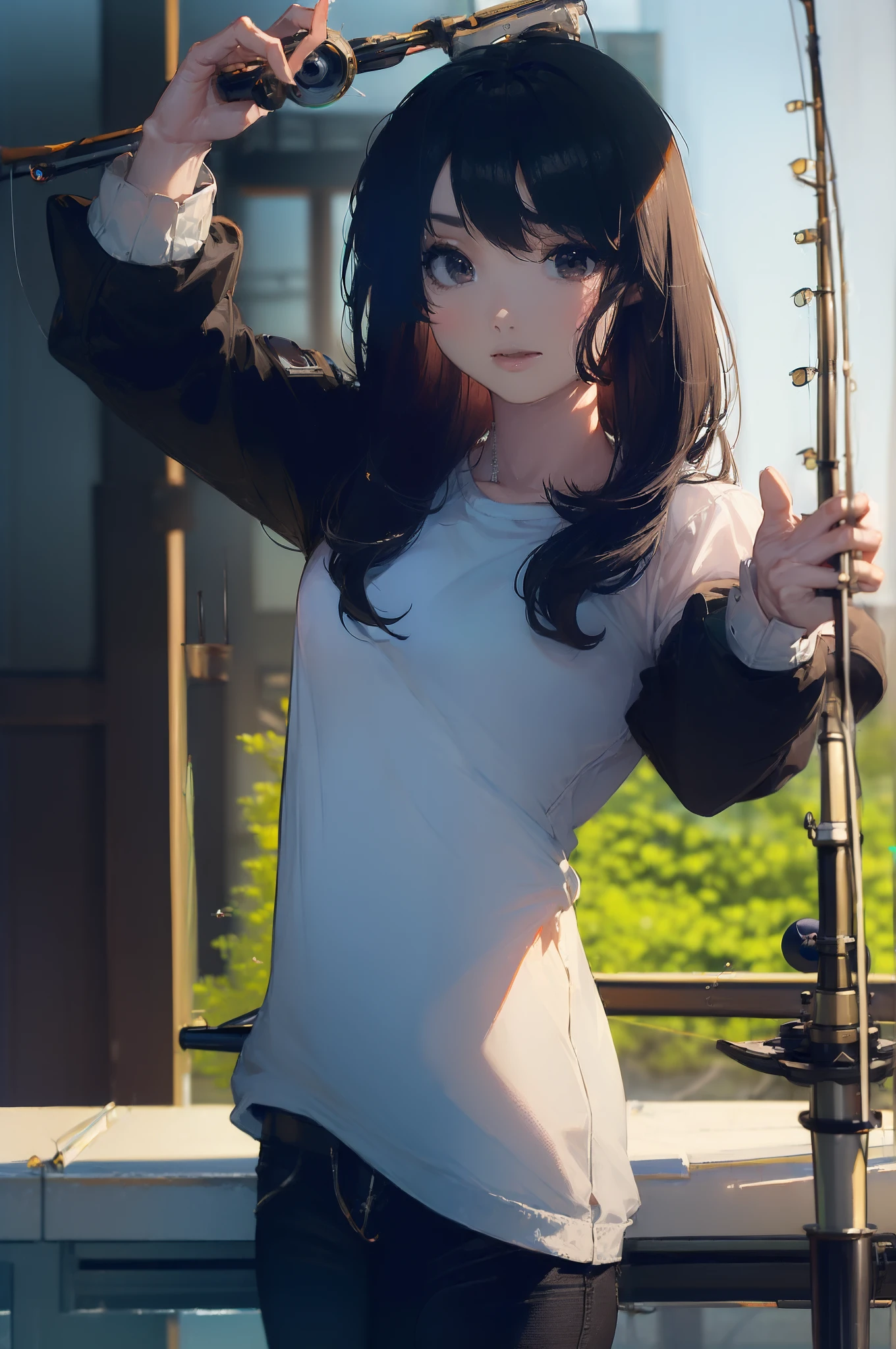 ((((Have fishing rod with a reel:1.5)))),((Female 28 years old)),((Best Quality:1.5)),(((Hands with the correct number and structure of fingers:1.4))),((lakeside:1.37)),hight resolution,ultra-detailliert,​masterpiece,best qualtiy,(Eight-headed body),Black hair, long eyeslashes, Solid Circle Eyes, drop shadow, Atmospheric perspective,Super Detail, ccurate, small brest,(Black jacket and black jeans :1.1),top-quality, blurry backround, bokeh dof:1.2, (​masterpiece:1.3),  Atmospheric perspective,Super Detail,dynamic compositions,