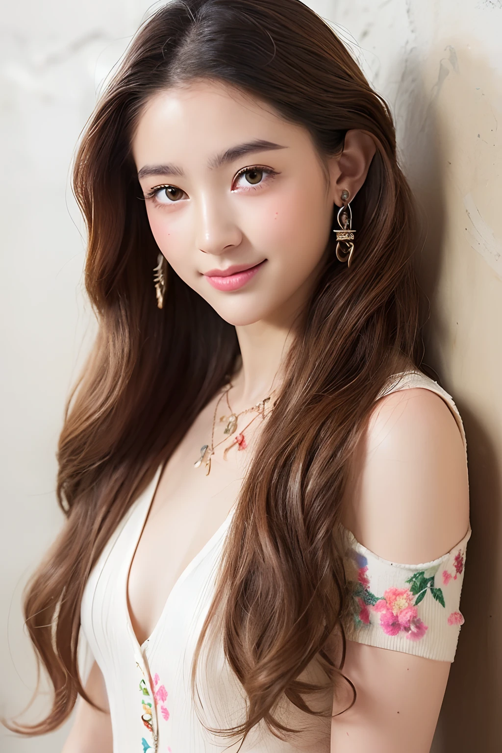 (extra detailed body、extra detailed face、best qualtiy:1.2)、femele、looking at the viewers、(brown curly hair、a smile、Flashy floral hair ornament、Earrings of bird feathers up to the shoulders、a necklace、hippy、)、(Cream wall on background:1.4)