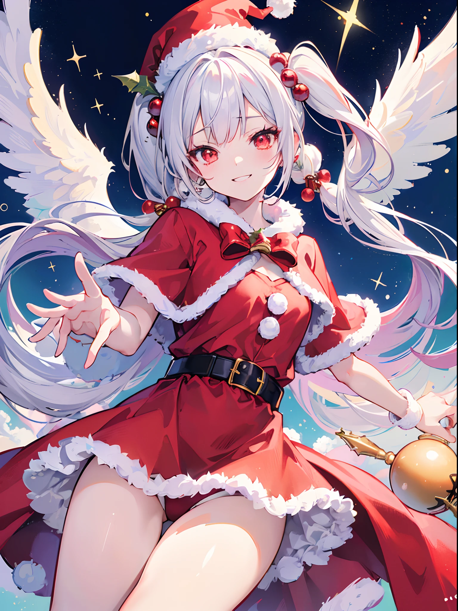 (Best Quality, masutepiece:1.3), Illustrations, Anime, Very high resolution, large filesize, fulcolor, Beautiful detailed glow, Front light, 1girl in, Solo, Christmas, santa costume, (santa hat), ((magical girl)), Christmas Decorations, Smiling, White hair, Red Eyes, (Twintail), (Angel wings), Dynamic Angle, Magic, Fighting,