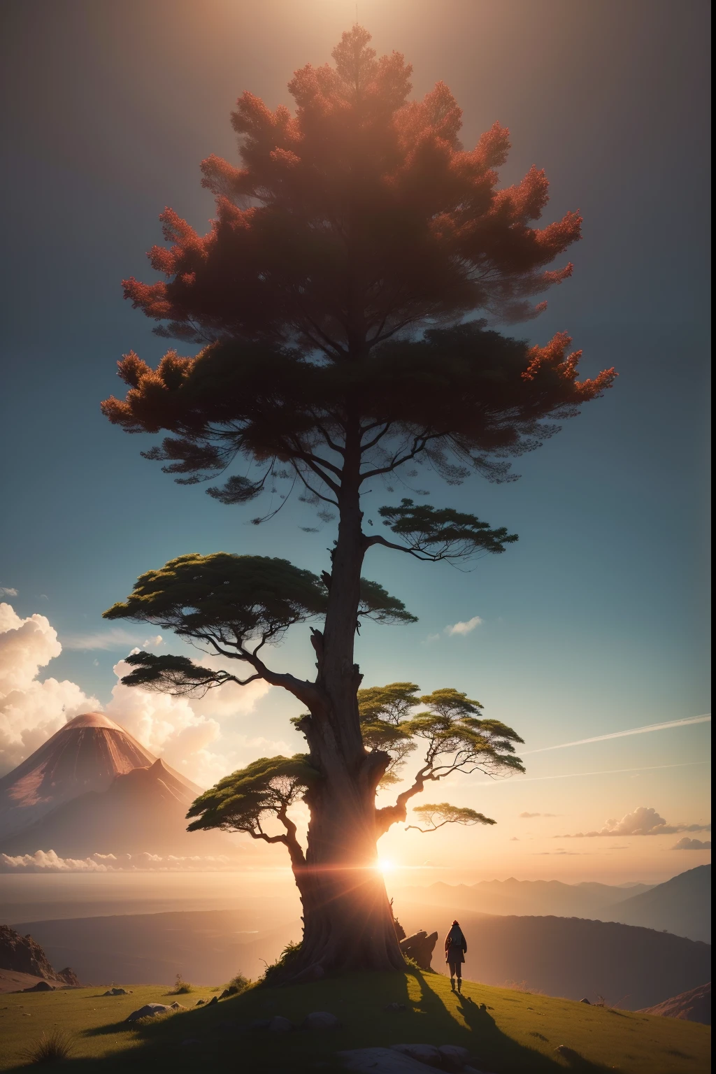 (dentadura da pele:1.5), realista, fotorrealista, (obra-prima:1.5), arte conceitual, detalhes intrincados, altamente detalhado, octane rendering, 8k, Mecanismo irreal, melhor qualidade, alta resolução, ((Dramatic)), epics, profundidade de campo, 8k, particuls, (Family tree:1.1, hiper realista:1.1) , atmosfera jovial de fantasia, fundo detalhado, Tree in bright green color,  leaves the color of blood and losing life and black smoke coming out of it with an evil aura , with a single strong and vivid branch in green color and oozing health and brightness This tree must be dry and lifeless, with a single branch strong and full of vigor. Clear and crimson sky with a shade of blood red vampire style