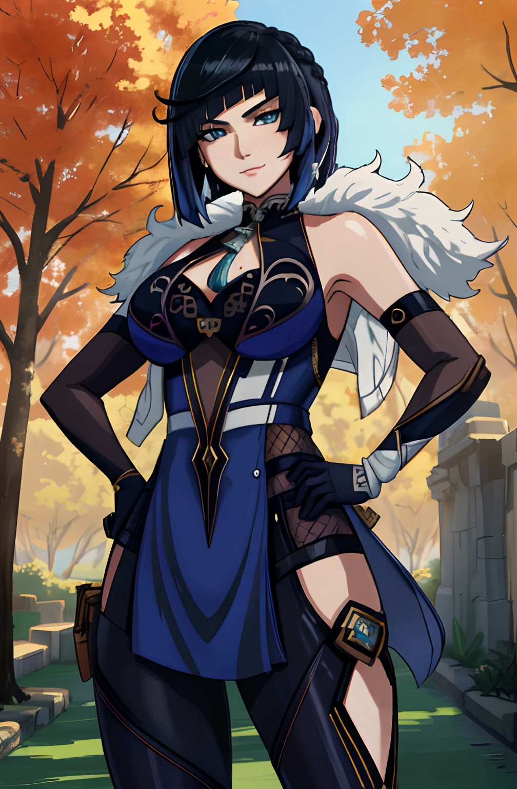 [yelandef], [Genshin_Impact], ((masterpiece)), ((solo portrait)), ((High definition)), ((anime)), ((detailed shading)), ((intricate details)), ((beautiful render art)), [yelan; (blue eyes, short black hair with blue highlights, short eyelashes, large boobs, beautiful legs), {(smug smirk), (beautiful lips)}, {(standing), (looking at viewer), (hands on hip)}, [Background; ( sunny), orange trees, (sun rays through trees), (orange and yellow skies)]