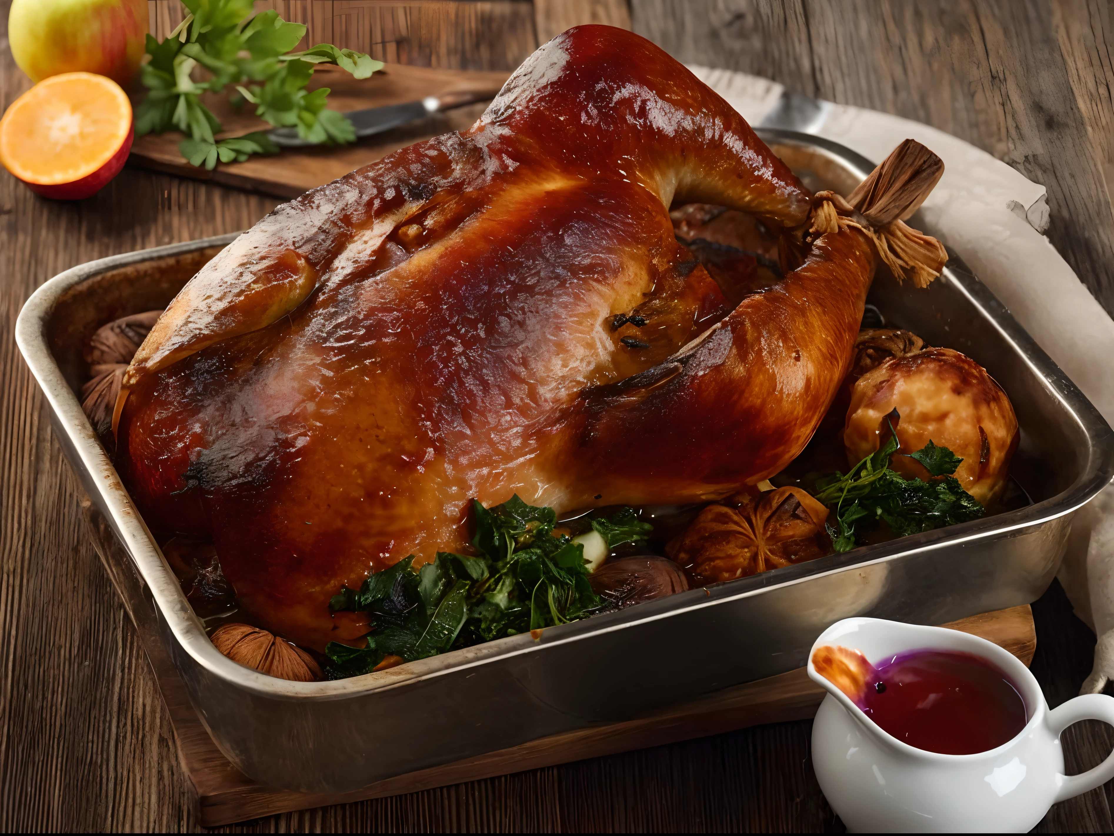Nahaufnahme einer Gans in einer Pfanne mit Orangen, Turkei, leicht, 🦩🪐🐞👩🏻🦳, Urlaubszeit, Ein ultrarealistisches, Viktorianisches Erntedankfest, Unterer Winkel, Stockbild, Fertig zum Verzehr, J. Dickenson, J.Dickenson, ( ultra realistisch, extrem kompliziert, A background photo representing a traditional Martini roast goose. The image should portray a single, crisply roasted goose, freshly taken from the oven, displayed on elegant dishware. Emanating from the roast goose should be a visible stream of steam. Accompanying the main dish, as side dishes are apples, dumplings, red cabbage, and chestnuts. The entire visual composition should capture the style of a medium format photograph.