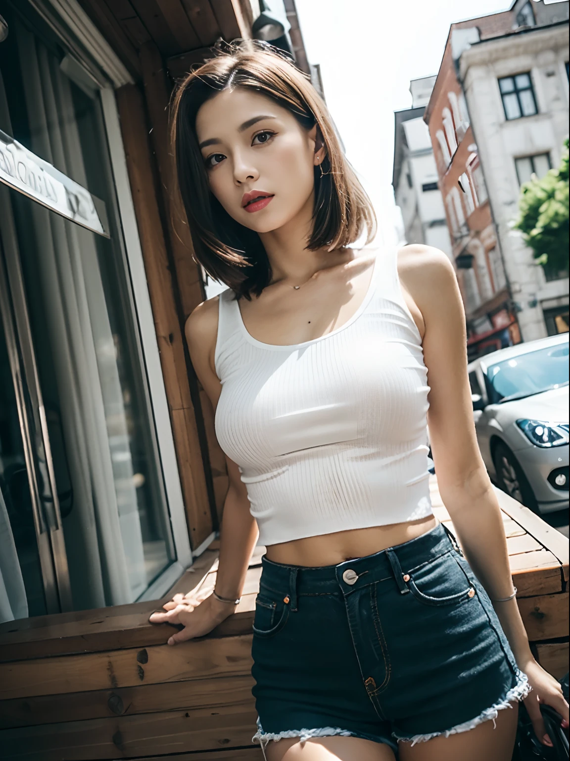 Bust 70,Hot figure,Hip circumference 105,The buttocks are unusually huge,Wear a vest,tight denim shorts,pelo rojo corto,The contours of the face are clear,Best image quality,Get fit regularly,Thin waist,Imperial sister looks,There are 10 tattoos on the body,Expose the entire buttocks,Back photo,Turn your head,The legs are long,The hips are about to burst the pants,Full body photo,Japan Woman,Delicate looks