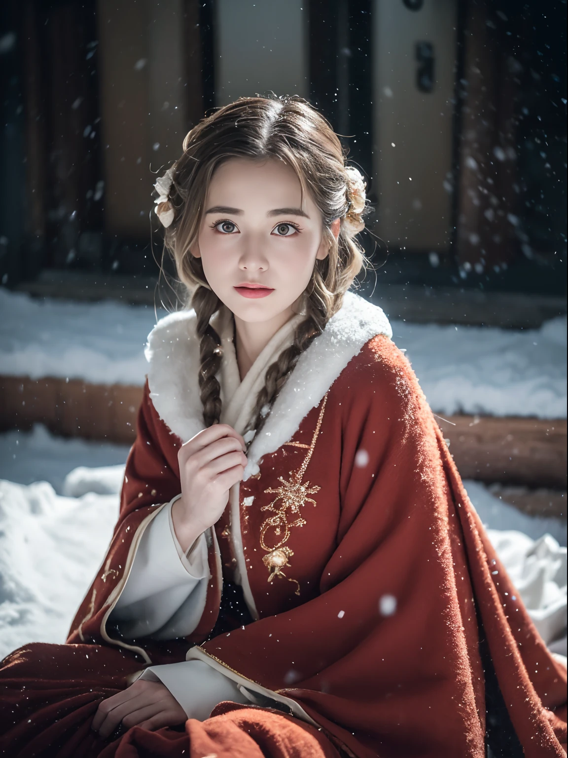 Kizi，Old European-style castle，Squat and sit，Bare legs，((outside，Actual heavy snowfall，cloaks，Cover with snow，(Lolita costume)， Horizontal viewing angle)), (full bodyesbian:1.5), fission, Brandon Flake, (8K, ........primitive, professional, best qualtiy, tmasterpiece: 1,2), (hentail realism, fotorealistisch: 1,37), Ultradetailliert, (35mm portrait wide angle), (Skin with the highest level of detail: 1,2), (The highest level of detail in the dial:1.2), cinmatic lighting, (ventania), natta, warm white light, looks into camera, Naughty Poses
