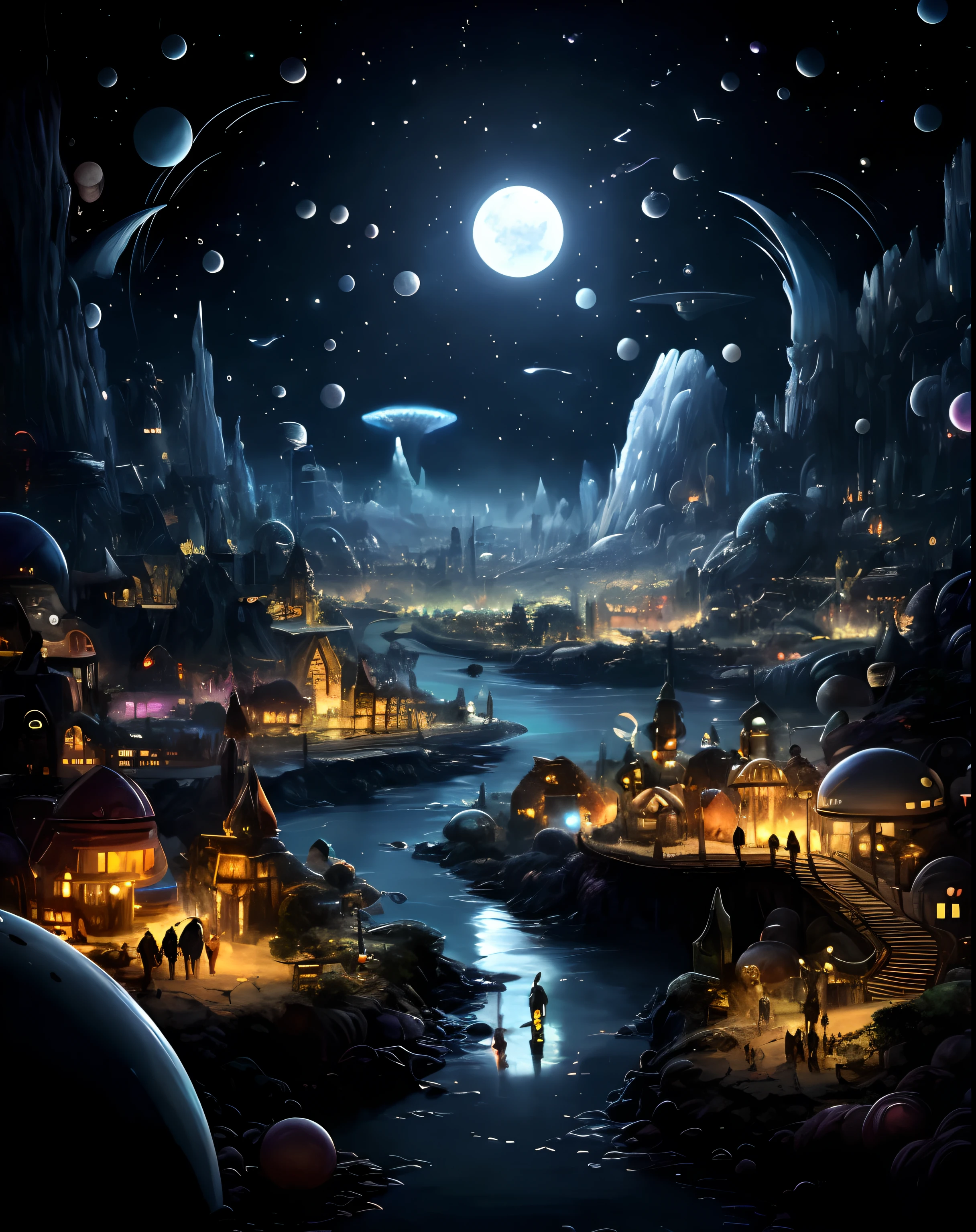 a close up of a painting of a town at night, sci-fi fantasy wallpaper, populated with aliens and people, in fantasy sci - fi city, an alien city, sci-fi fantasy desktop wallpaper, surreal alien kingdom, epic fantasy sci fi illustration, sci fi alien world, alien dream worlds, alien city, 4k highly detailed digital art, sci fi world