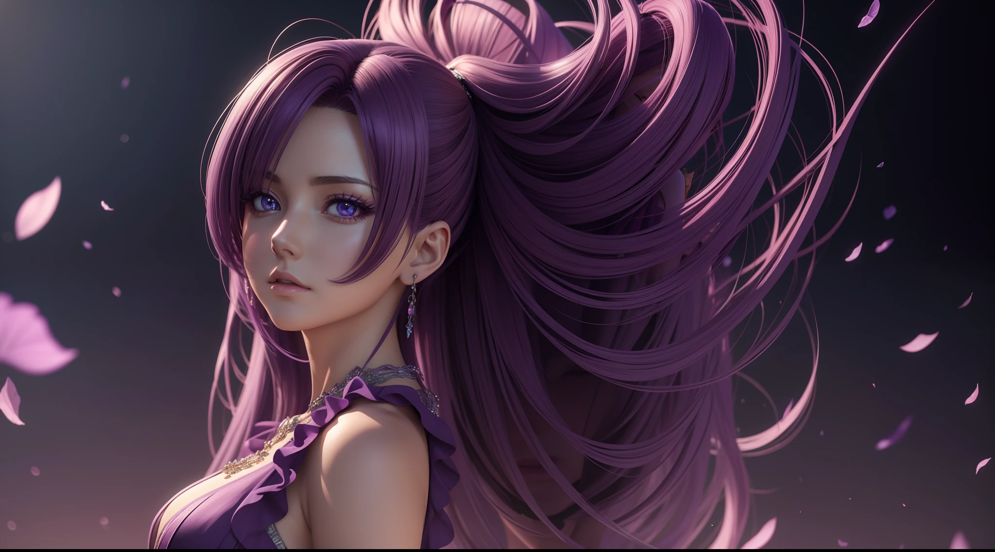 Woman in purple dress posing for photo, realistic 3D anime, extremely detailed art, photorealistic anime rendering, 8k high quality detailed art, captivating beautiful anime woman, 3D anime realistic style, 8k anime badass, Clear images, surreal anime, [ 8k digital art ]!!