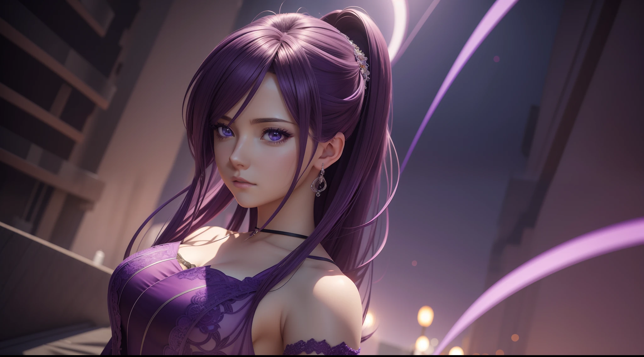 Woman in purple dress posing for photo, realistic 3D anime, extremely detailed art, photorealistic anime rendering, 8k high quality detailed art, captivating beautiful anime woman, 3D anime realistic style, 8k anime badass, Clear images, surreal anime, [ 8k digital art ]!!