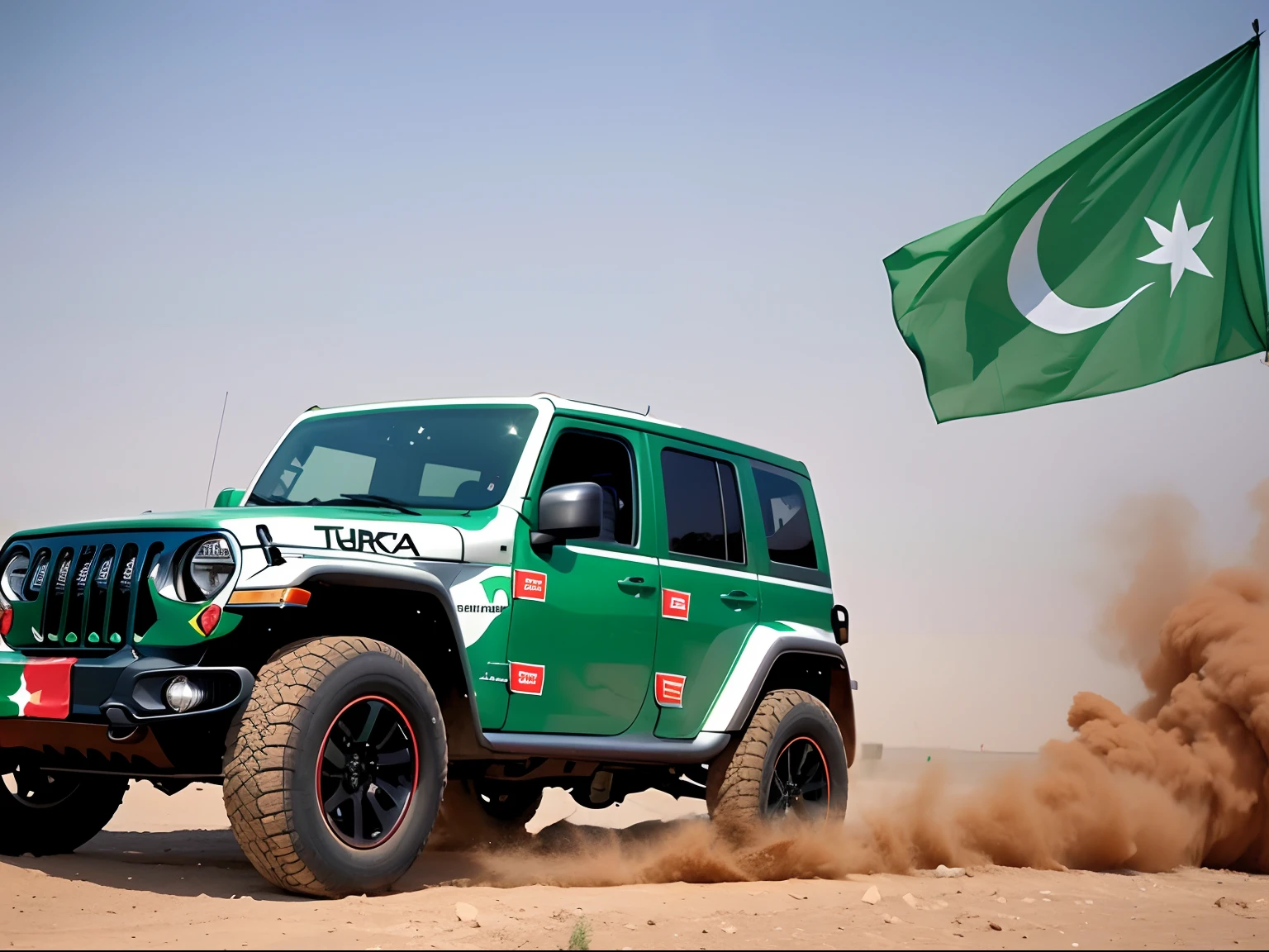A young Turkish woman in black race suit, spitting in her jeep at cholistan jeep rally,mehwish hayat, Pakistan flag