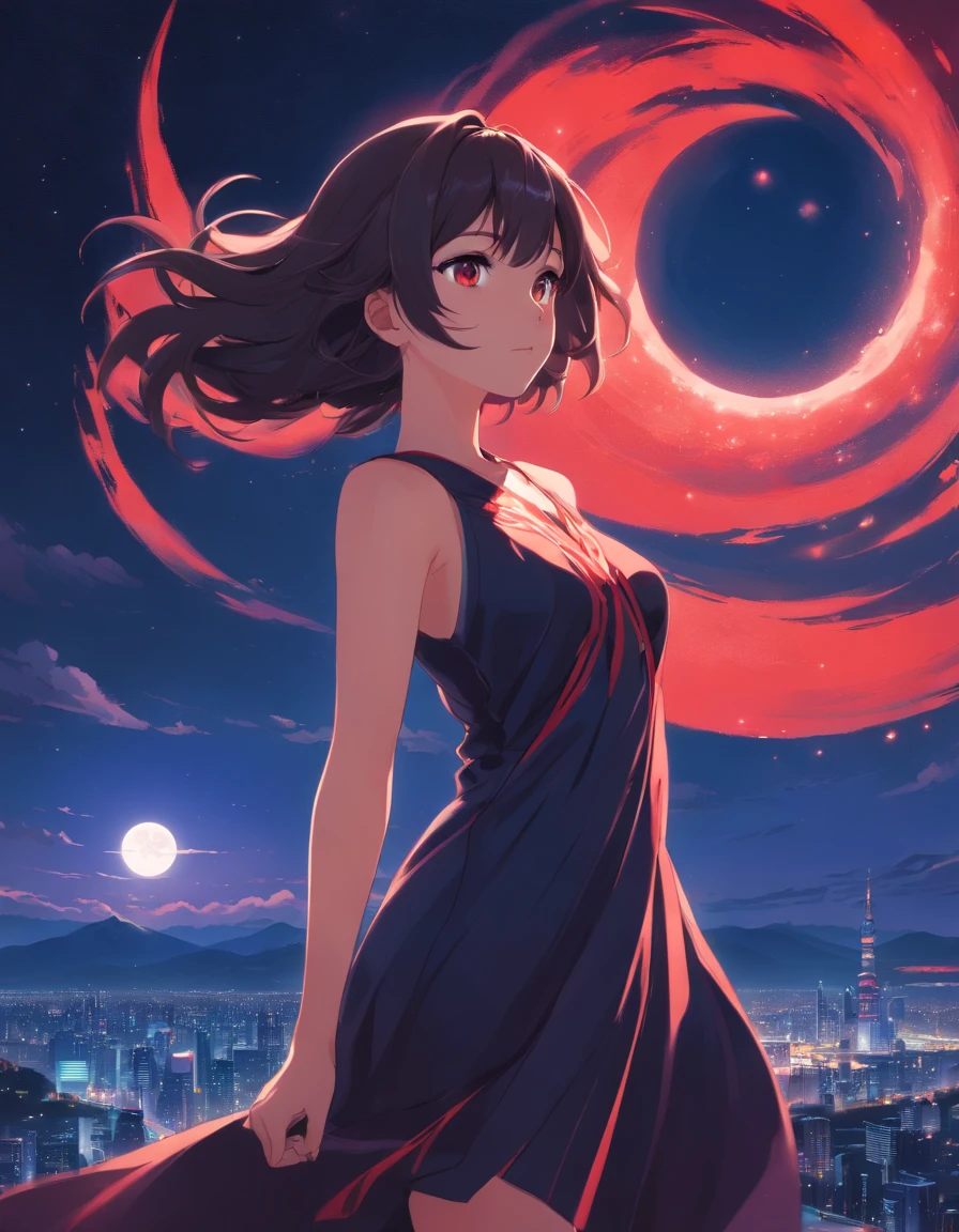 Mujer muy hermosa vistiendo un vestido de noche negro muy detallado, de pelo rojo largo ojos color violeta de piel blanca, de fondo una luna de sangre wallpaper