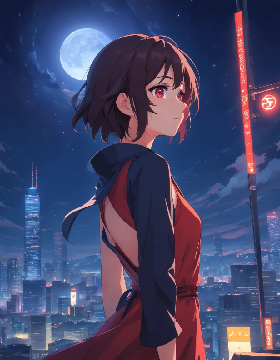 Mujer muy hermosa vistiendo un vestido de noche negro muy detallado, de pelo rojo largo ojos color violeta de piel blanca, de fondo una luna de sangre wallpaper