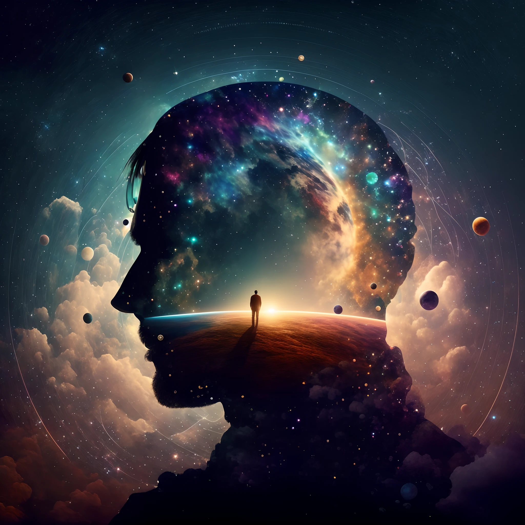 a man standing in front of a space filled with planets, his mind contemplating eternity, consciousness projection, face melting into the universe, they reach into his mind, the rise of consciousness, elevated consciousness, mind exploration, rasing of consciousness, infinite consciousness, cosmic enlightenment, in the astral plane ) ) ), an interdimensional being, distributed consciousness