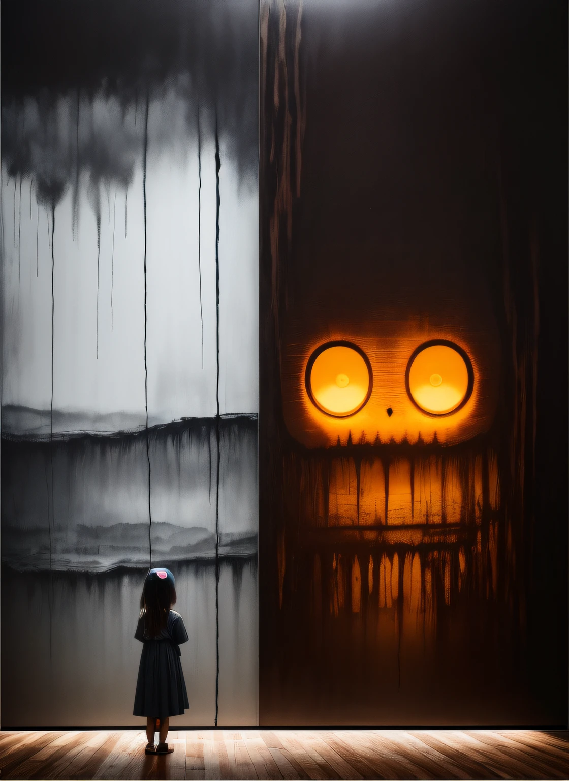 A little girl is standing next to an image of a monster in a dark room, in the style of soft brushstroke realism, dystopian landscapes, mote kei, dark brown and gray, cabincore, drip painting, 8k