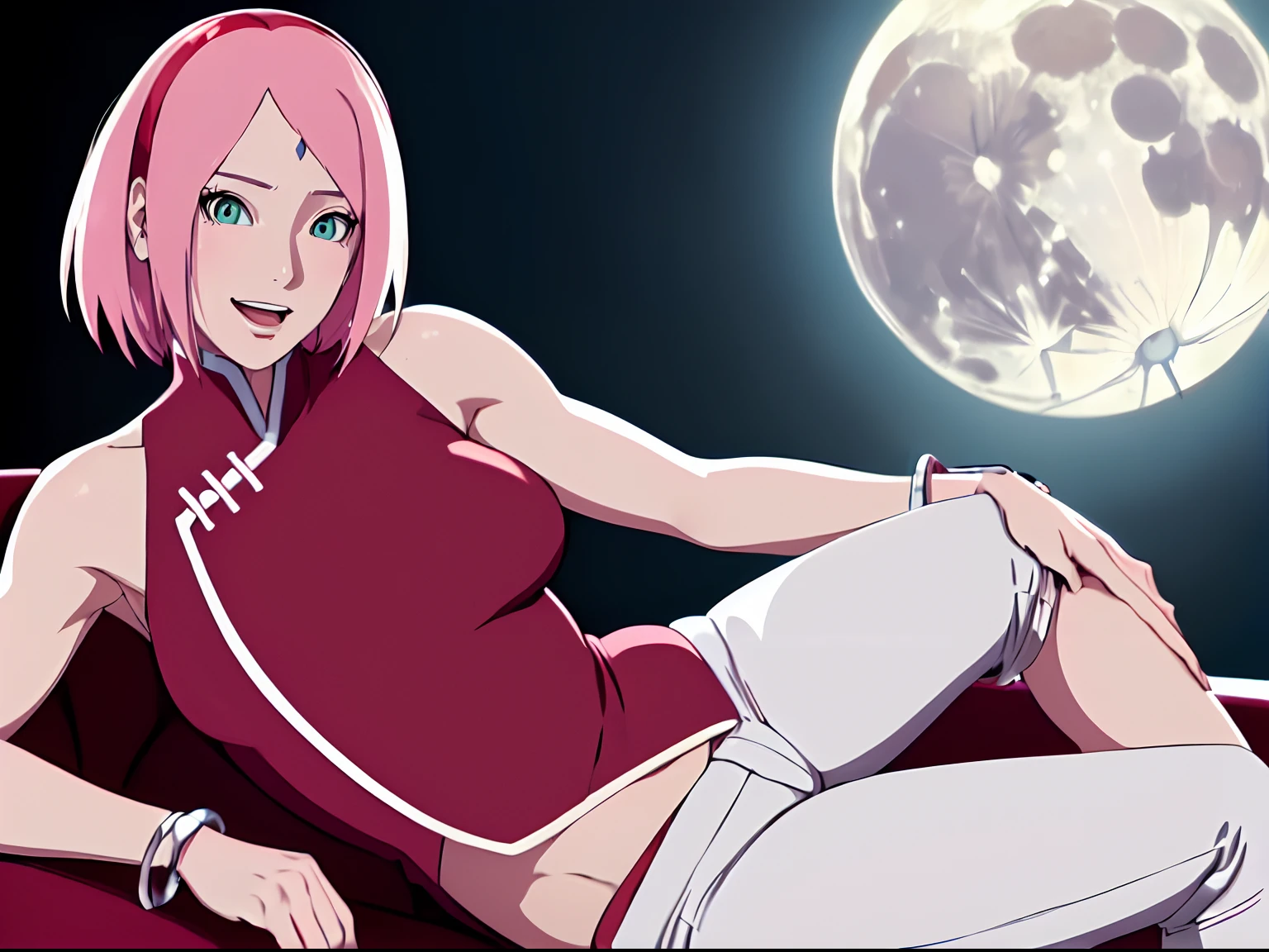masterpiece, 4k, portrait, cowboy shot, (night, moon background), professional artwork, intricate details, colorful, digital blending, (ultra detailed body, ultra detail hair, ultra detail face), trending on pixiv, kind smile, best quality, anime style: 1.9, 1girl, hires, haruno sakura, (forehead mark, milf, red hairband, pale skin, (small breasts), short hair, ((red sleeveless dress,), white pants), ((navel, belly button), slender body, slender belly, bracelet, pink hair, (open mouth), big eyes), smile, beach, wind, floating hair, detailed arms, off-shoulders, broad shoulders, (little muscular arms, little strong biceps), fancy couch, relaxing, (armpit leaning against couch, laying, talking, looking at the viewer, (talking , milf, 30 years old woman, hand supporting head))