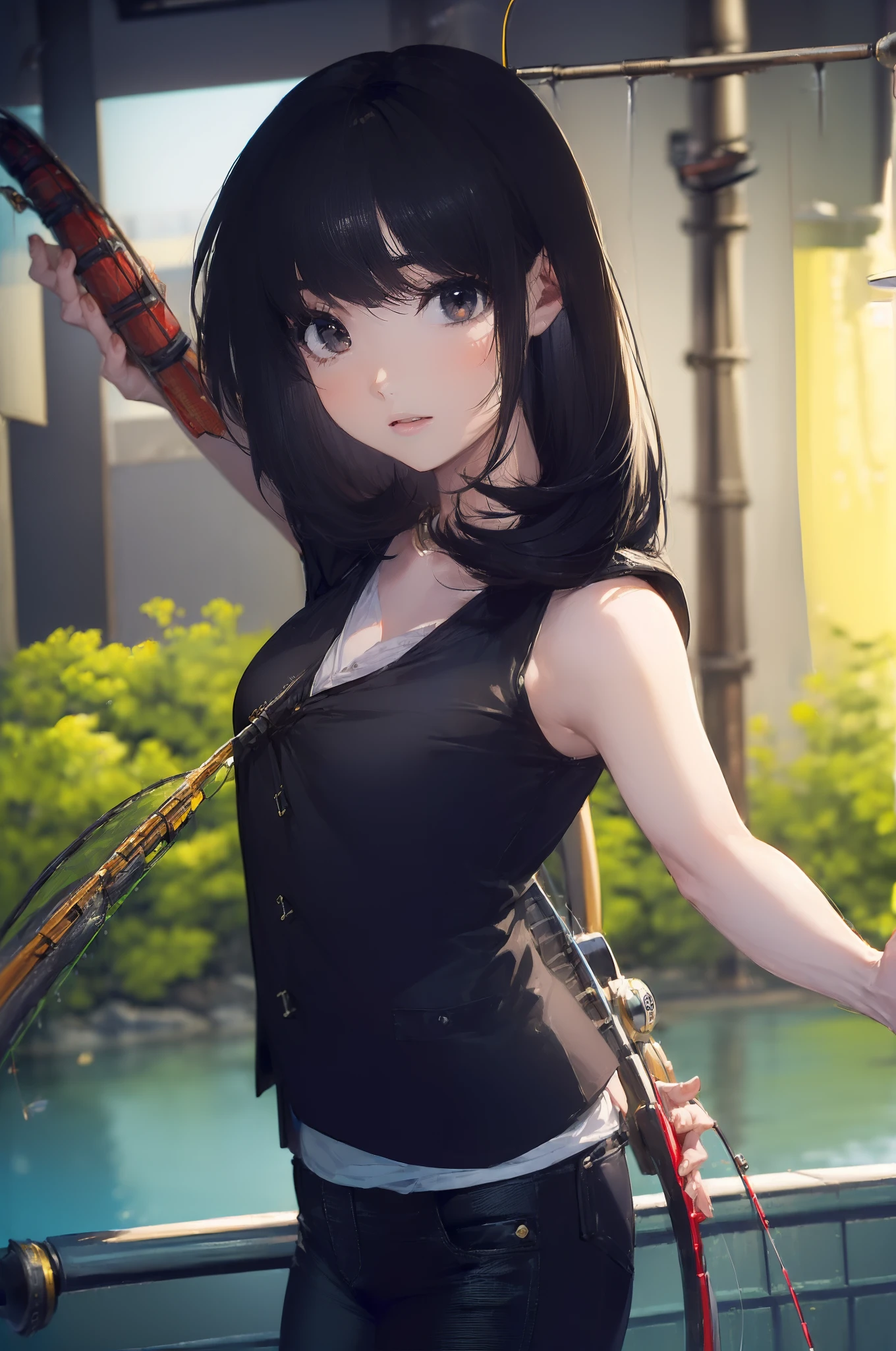 ((((Have fishing rod with a reel:1.5)))),((Female 28 years old)),((Best Quality:1.5)),(((Hands with the correct number and structure of fingers:1.4))),((lakeside:1.37)),hight resolution,ultra-detailliert,​masterpiece,best qualtiy,(Eight-headed body),Black hair, long eyeslashes, Solid Circle Eyes, drop shadow, Atmospheric perspective,Super Detail, ccurate, small brest,(Black jacket and black jeans :1.1),top-quality, blurry backround, bokeh dof:1.2, (​masterpiece:1.3),  Atmospheric perspective,Super Detail,dynamic compositions,