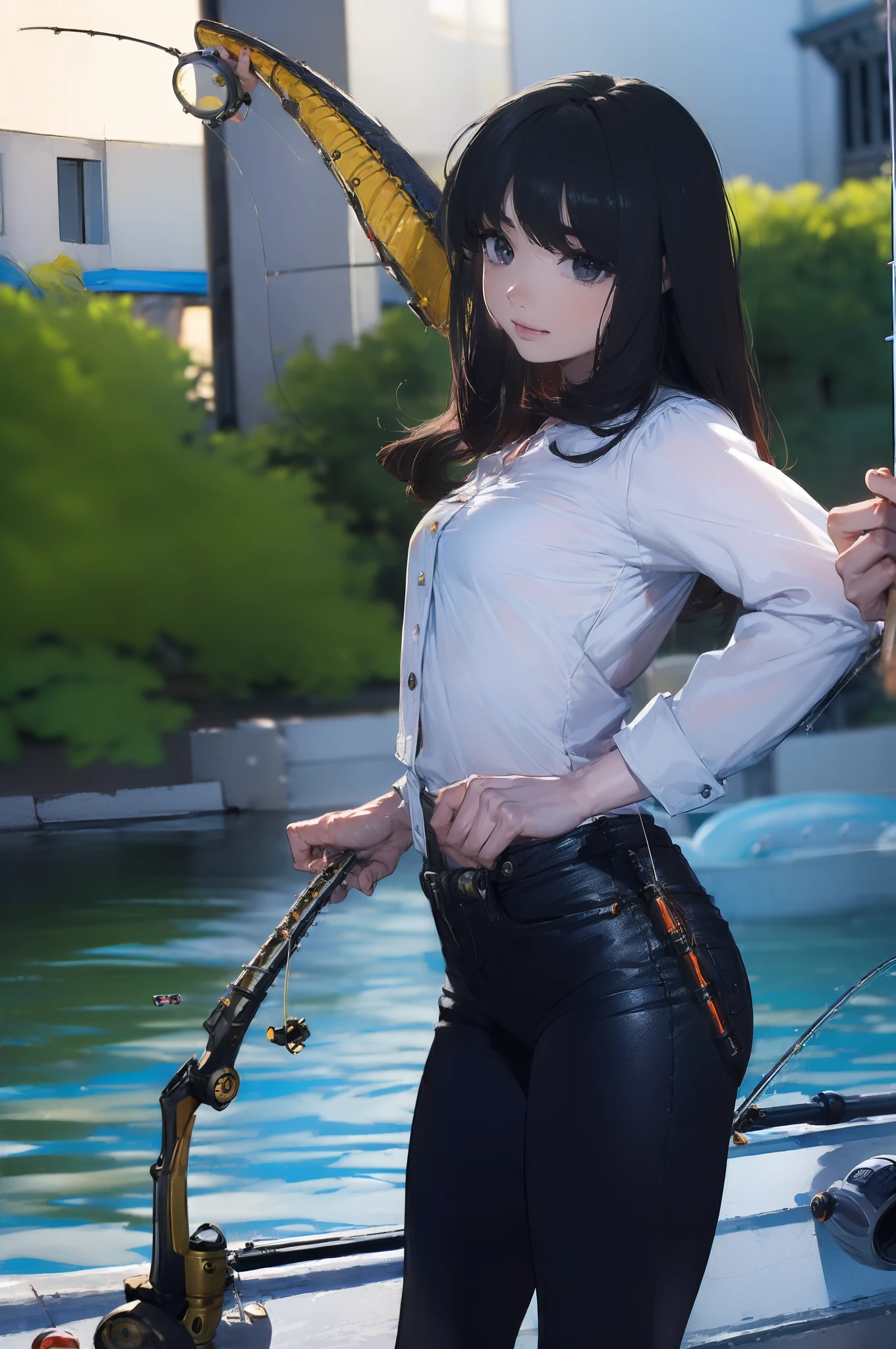 ((((Have fishing rod with a reel:1.5)))),((Female 28 years old)),((Best Quality:1.5)),(((Hands with the correct number and structure of fingers:1.4))),((lakeside:1.37)),hight resolution,ultra-detailliert,masterpiece,best qualtiy,(Eight-headed body),Black hair, long eyeslashes, Solid Circle Eyes, drop shadow, Atmospheric perspective,Super Detail, ccurate, small brest,(Black jacket and black jeans :1.1),top-quality, blurry backround, bokeh dof:1.2, (masterpiece:1.3), Atmospheric perspective,Super Detail,dynamic compositions,