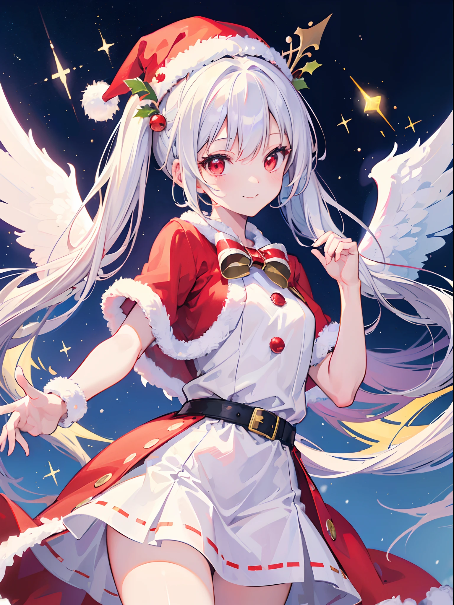 (Best Quality, masutepiece:1.3), Illustrations, Anime, Very high resolution, large filesize, fulcolor, Beautiful detailed glow, Front light, 1girl in, Solo, Christmas, santa costume, (santa hat), ((magical girl)), Christmas Decorations, Smiling, White hair, Red Eyes, (Twintail), (Angel wings), Dynamic Angle, Magic, Fighting,