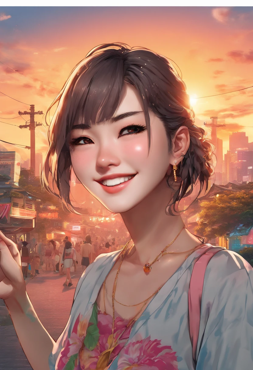 look at a camera,(((Top quality, 8K, Masterpiece))), Clear focus, (Beautiful woman with perfect figure), Slender, (Hairstyles: Up)), ((komono: Carla)), street: 1.2 Highly detailed facial and skin textures Detailed eyes Double eyelid random pose, (Smile),Super cute Japanese,Super beautiful japanese girl, Realistic face, 二重まぶた,Smile,Summer Festival , At sunset , Beautiful teeth , firework background.
