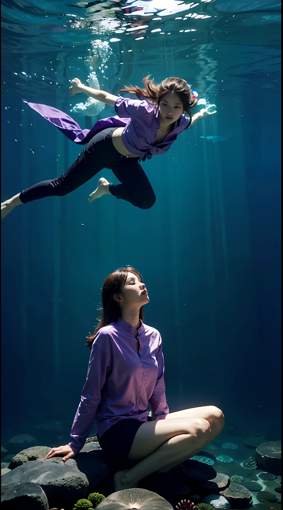 Purple-shirted female ninja，Meditation sitting，Partial underwater photography，BestWorks