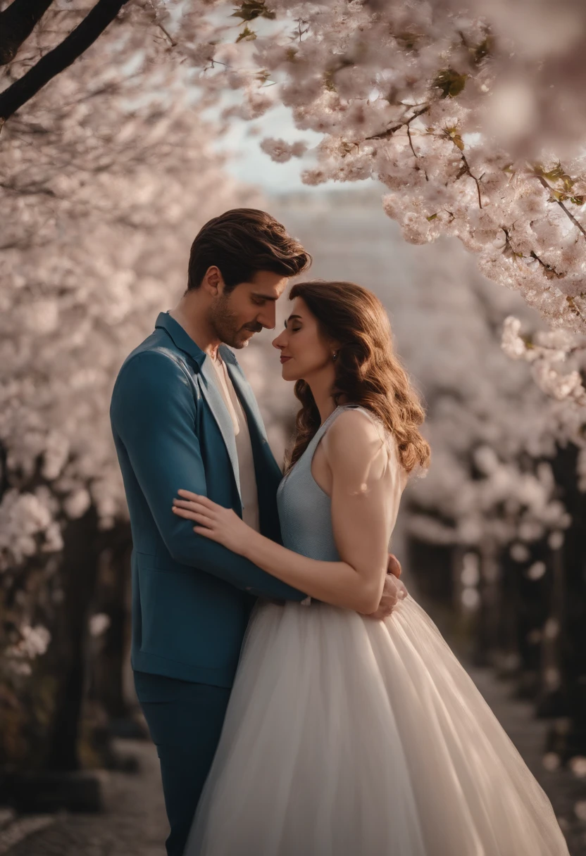 Couples hug,a parte superior do corpo,Um com,uma meninas cerejeiras em flor,Cherry blossoms fluttering,low saturation,pale-blue( Reasonable design, linhas claras, alta nitidez,best quality, Very detailed, master part, Efeito de luz do filme, 4k )