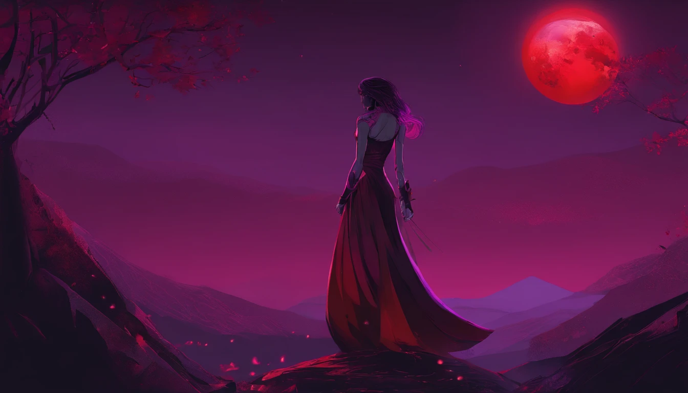 Mujer muy hermosa vistiendo un vestido de noche negro muy detallado, de pelo rojo largo ojos color violeta de piel blanca, zapatillas negras, showing off in a sexy full body pose background a blood moon wallpaper