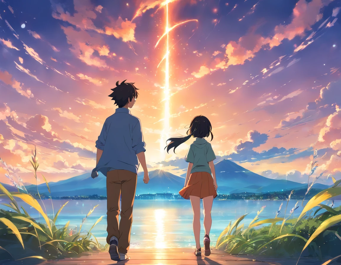 masterpiece, best quality, movie stillnarruto,naruto, floating in the sky, close-up, bright, happy, warm soft lighting, sunset, (Sparks :0.7)