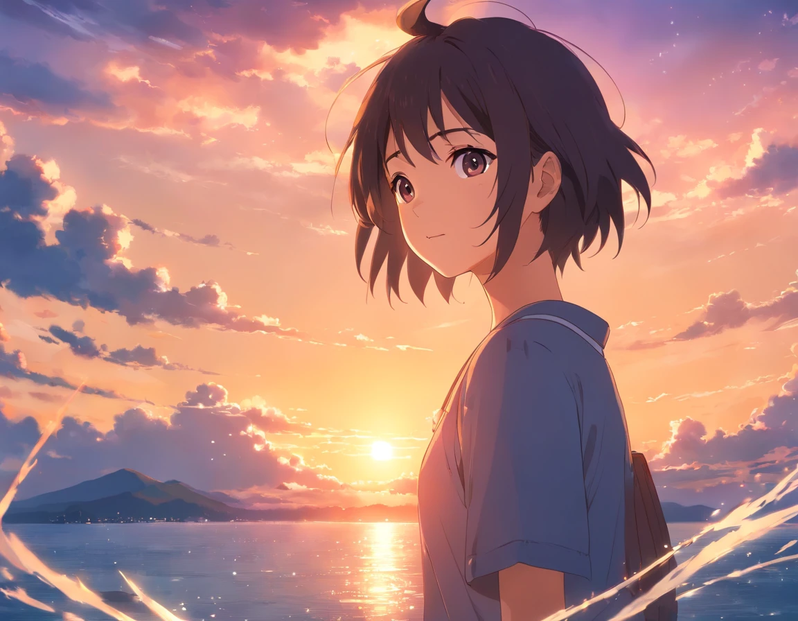 masterpiece, best quality, movie stillnarruto,naruto, floating in the sky, close-up, bright, happy, warm soft lighting, sunset, (Sparks :0.7)