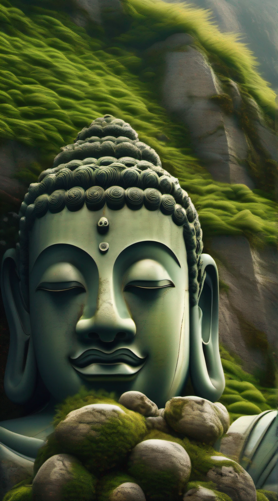 Close-up of a statue leaning against a mountain,Blend in with the mountains,Covered with moss, a Buddhist Buddha, face with artgram, Buddhism, Peaceful face, Buddhist,,Detailed unblurred face, Stoic face,photore, Zen temple background,Verism, En plein air, cinematic lighting, stereogram, masterpiece, UHD, best quality