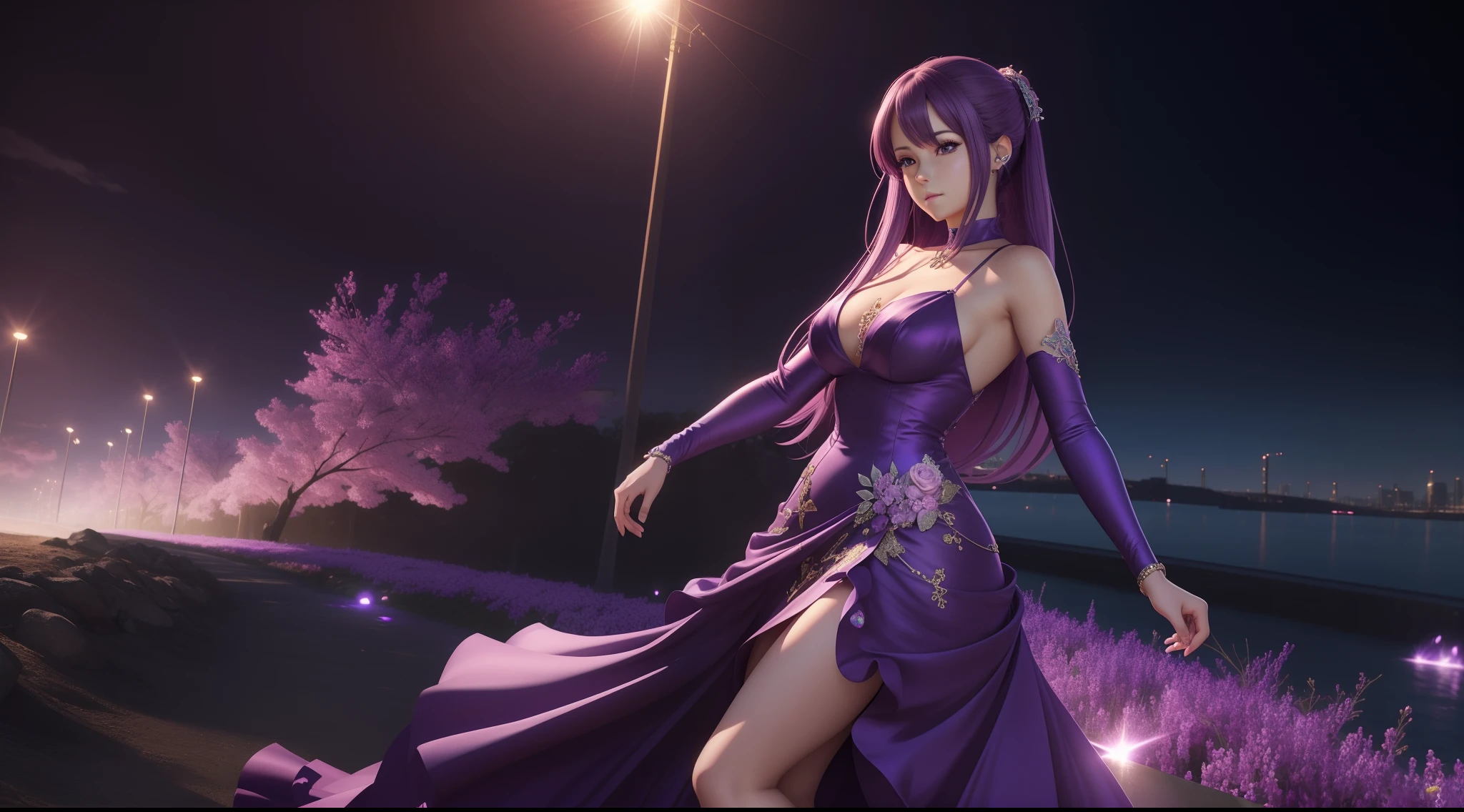 Woman in purple dress posing for photo, realistic 3D anime, extremely detailed art, photorealistic anime rendering, 8k high quality detailed art, captivating beautiful anime woman, 3D anime realistic style, 8k anime badass, Clear images, surreal anime, [ 8k digital art ]!!