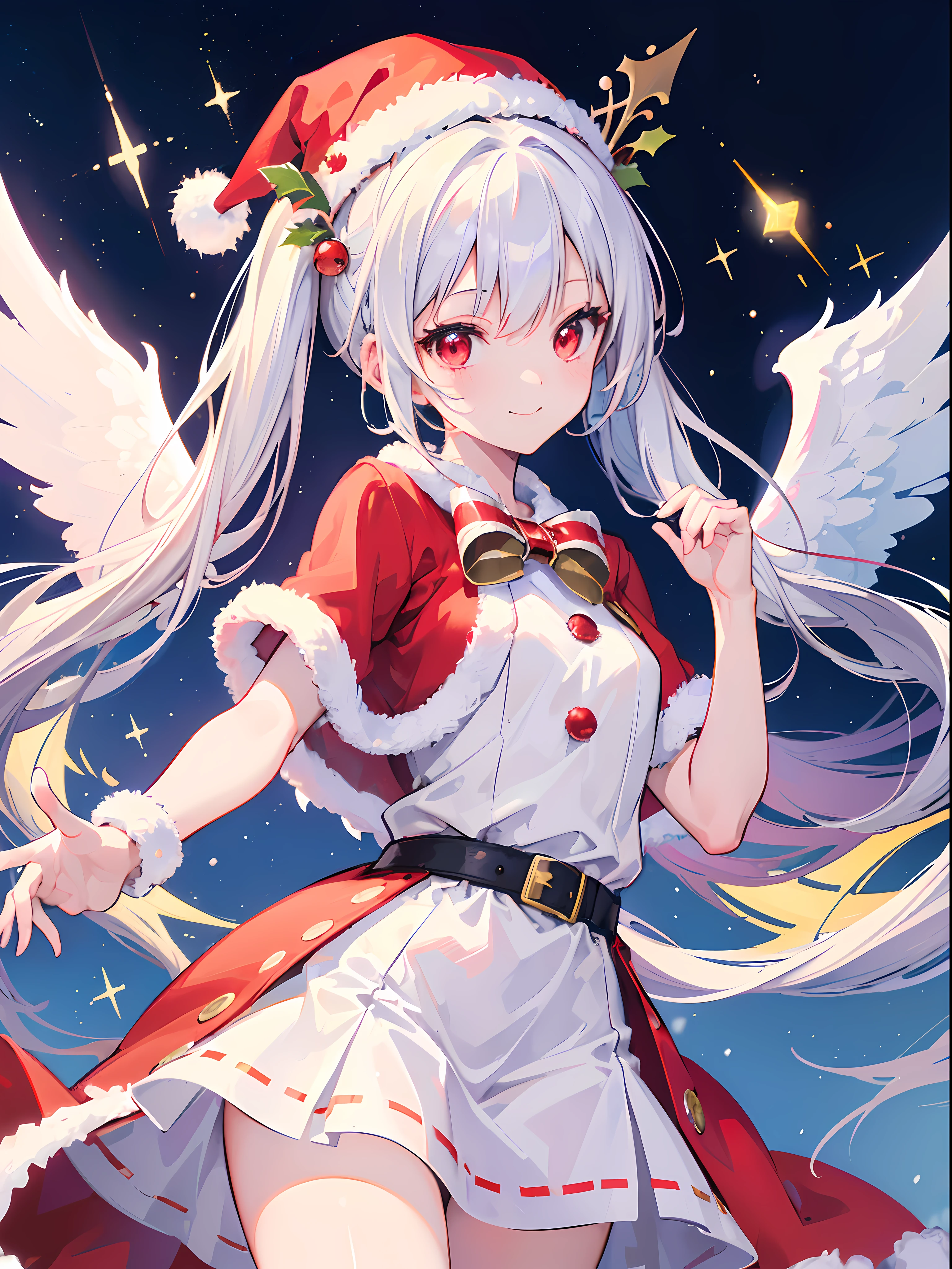 (Best Quality, masutepiece:1.3), Illustrations, Anime, Very high resolution, large filesize, fulcolor, Beautiful detailed glow, Front light, 1girl in, Solo, Christmas, santa costume, (santa hat), ((magical little girl)), Christmas Decorations, Smiling, White hair, Red Eyes, (Twintail), (Angel wings), Dynamic Angle, Magic, Fighting,