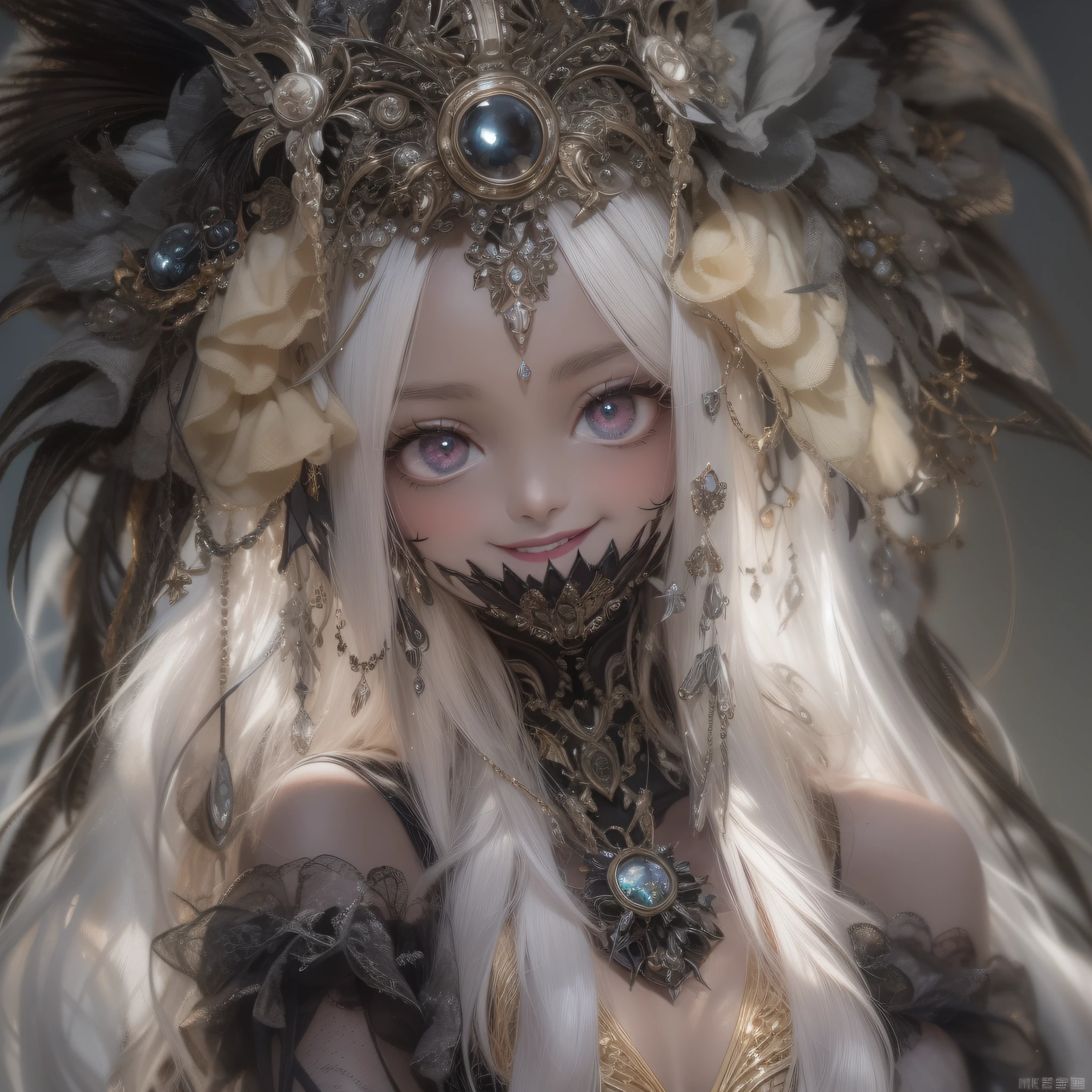 Close up of a smile with the corners of the mouth raised、Smiling Barbie doll、Gothic Girl、gothic costume、Cosplay、(realisitic、hight resolution)、(1 girl in)、Gothic Girl、Do-Up Eye、Korean Girl、(Best Quality), (masutepiece), (1girl in), Solo, a beauty girl, Perfect face, dreamlikeart、Highly detailed airbrush art((Surreal))、Volumetric lighting、(top-quality)、The ultra-detailliert、(The composition of the movement:1.4)、Highly detailed colorful details、(Bright lighting)、dynamic compositions、Ray traching、The mirror reflects light、Shallow depth of field、ultra-detailliert、mixing exposure、nffsw、Her eyes are glowing pink、Her gothic face is full of anticipation and courage、A smile appears on the lips of a gothic girl。 At the rear、The sun is slowly tilting to the west。That light brings Gothic lights to the surface of the sea、The swaying waves create a beautiful scene。Her eyes are clearly glowing pink。Lots of Gothic