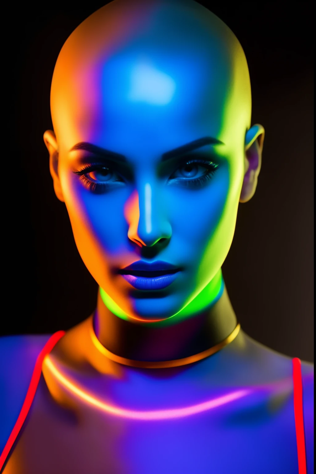 35mm, Neon, analog photo, dinamic lighting, chiaroscuro, hyper realisitc, luminism, HD, very detail. Colorful gradients. Gradient glow. Avant-garde make-up. Orange-violet-green lights. A woman's skin is multicolored in a beautiful glow. Gradients on the face. Gradient lights on the skin. easy flowering,,. Black background. haze. Unearthly beauty. Unearthly beautiful bald Sámi woman in a bodysuit with a tiger skin pattern. Very small black coat. bald. Bald woman. pale blue skin. long neck. Slim hose. Wide-set eyes. Half-turn. darkness. mood. haze. Model. Avant-garde make-up. tilt of head. eye to eye contact. blue eyes. Beautiful glow. Very small black coat. Slim. Lots of places. Very detailed face. (high skin detail:1.2). Film grain. an album cover. magazine cover.