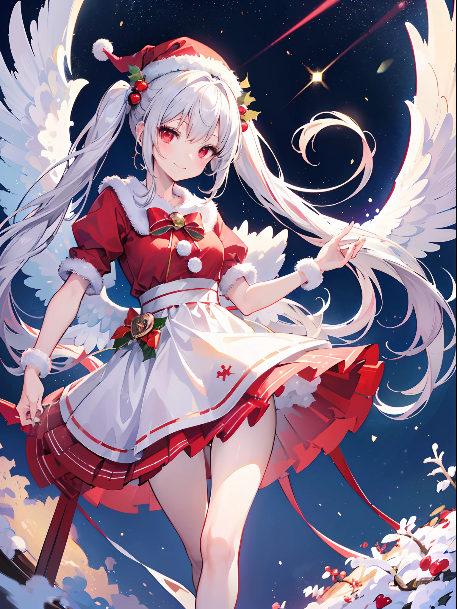 (Best Quality, masutepiece:1.3), Illustrations, Anime, Very high resolution, large filesize, fulcolor, Beautiful detailed glow, Front light, 1girl in, Solo, Christmas, santa costume, (santa hat), ((magical little girl)), Christmas Decorations, Smiling, White hair, Red Eyes, (Twintail), (Angel wings), Dynamic Angle, Magic, Fighting,