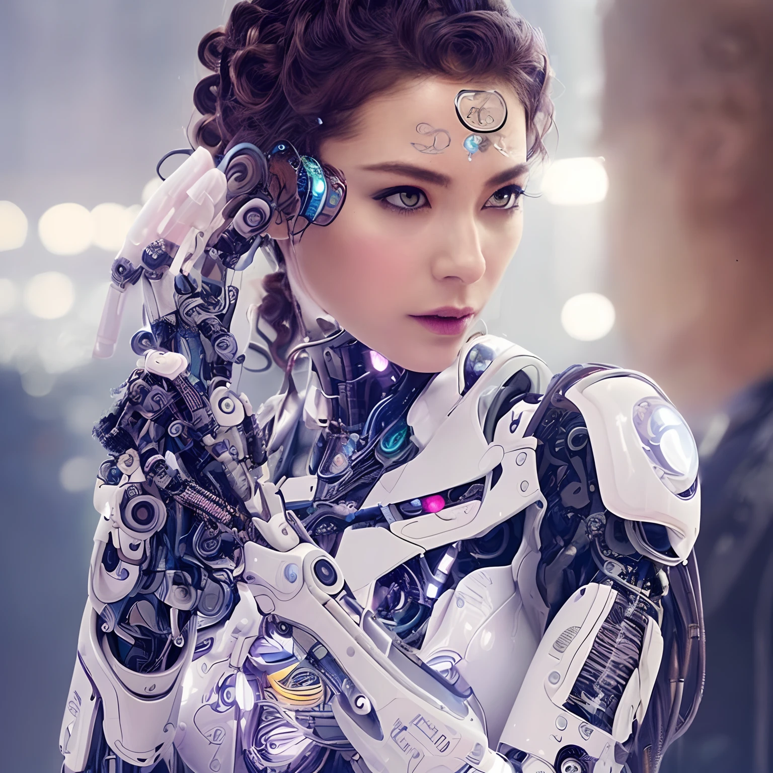 (bs_purpalpaca)、women's pictures、(curlyhair))、Cyborgdiffusion、((Robotic arm))、tattooed、cyberpunked、neons、model shoot tyle、(the Extremely Detailed CG Unity 8K Wallpapers)、photo of the most beautiful artwork in the world、Professional photorealistic images、NIKON、Antonio Moro、Trending on ArtStation、Convoluted、High Detail、foco nítido、Dramatic、Photorealsitic、(Surrounded by men:1.2)、((Look at viewers:1.4))、(A detailed eye:1.2)、 (a closeup:1.1), ((Physical contact with humans:1.4)), (perfect  eyes), Sateen、Tenkai Yuki like。
